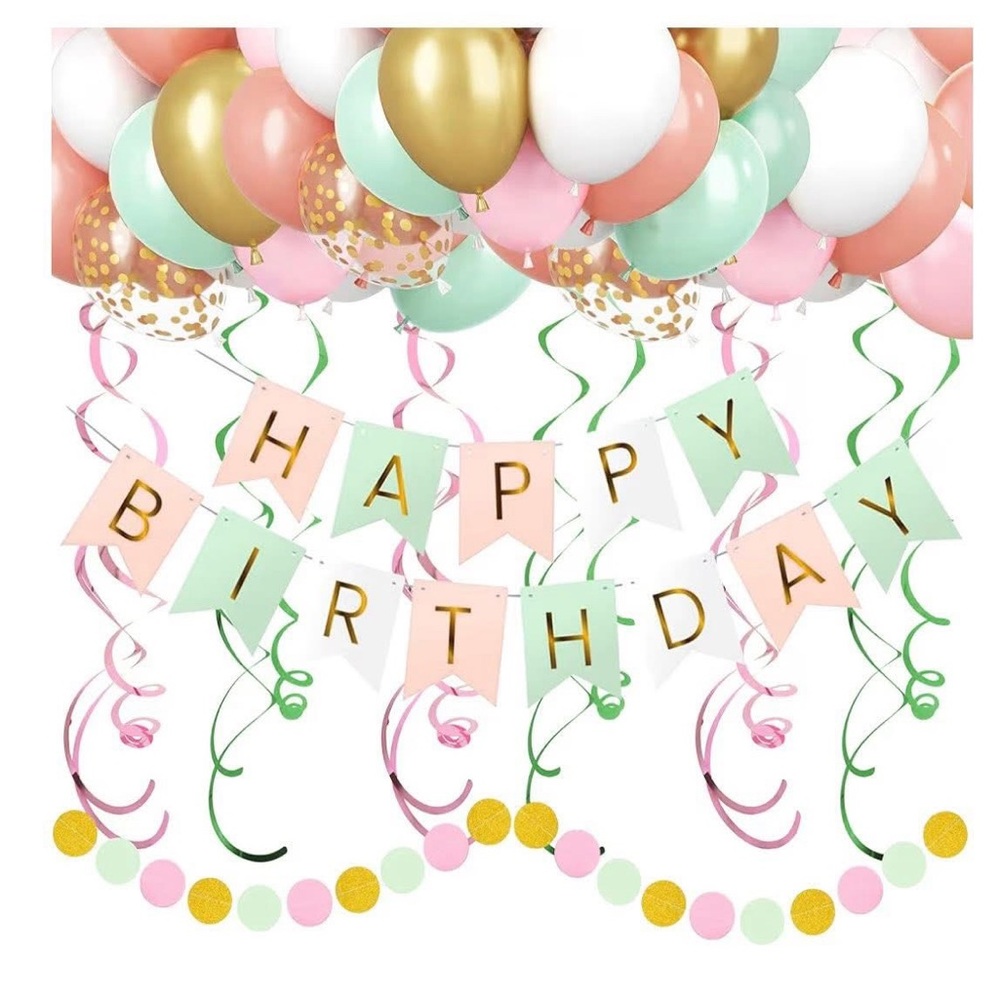 Pastel Pink, Mint & Gold Happy Birthday Party Decoration Set